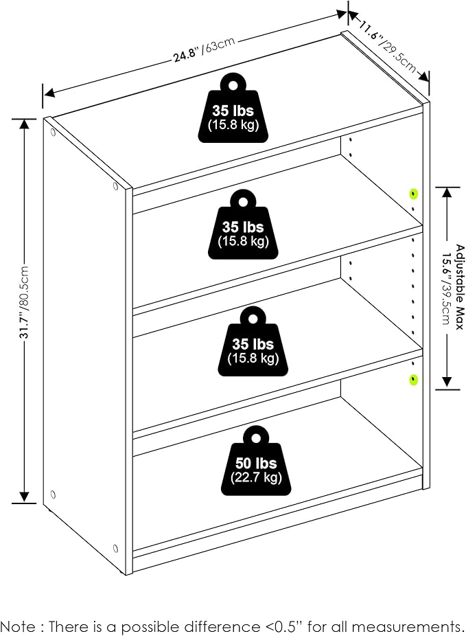 Furinno GEHRY Book Shelf, 3-Tier Bookshelf, Bookcase with Adjustable Shelves, 11.6 x 24.8 x 31.6, for Living Room, Bedroom, Home Office, Amber Pine