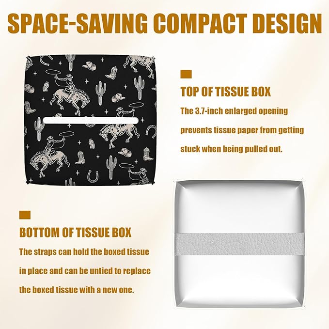 Western Cowboy Tissue Box Cover 2PCS, Leather Tissue Box Holder Square Facial Paper Case Tissue Box Cube Organizer for Bathroom Bedroom Desk Office