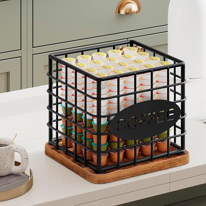 YATINEY Coffee Pod Holder for K Cup, Large Capacity Coffee Pod Organizer, Versatile Coffee Capsule Storage Basket with Wooden Base, Rustic Brown KH10BR