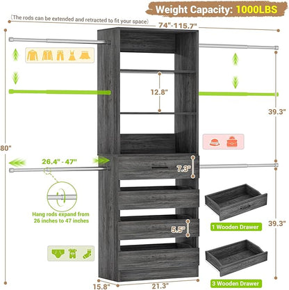 Aheaplus Closet System, 4-9 Ft Closet Organizer with 4 Wooden Drawers, Wood Closet Organizer System with Tower, Walk-in Closet Organizer Wardrobe Clothes Rack with 4 Hanging Rods, Black Oak