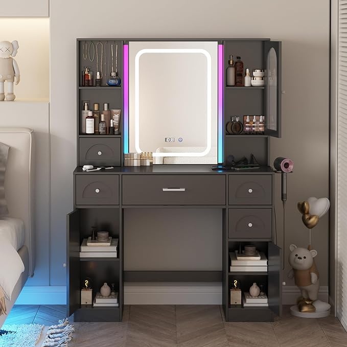 Fameill Black Makeup Vanity Desk with Lights,Makeup Vanity with RGB Lightsand Power Strip,Vanity Table with 5 Drawers Lots Storage & Time Display,3 Lighting Modes Vanity Mirror,41.3in(L)