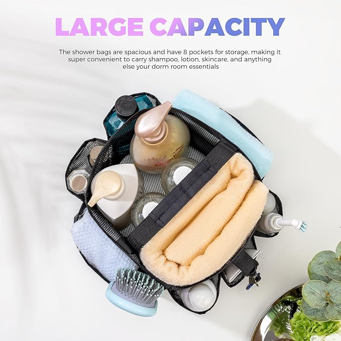 Mesh Shower Caddy Portable for College Dorm Room Essentials with 8-Pocket Large Capacity,Quick Dry Shower Bag for Bathroom, Beach,Gym