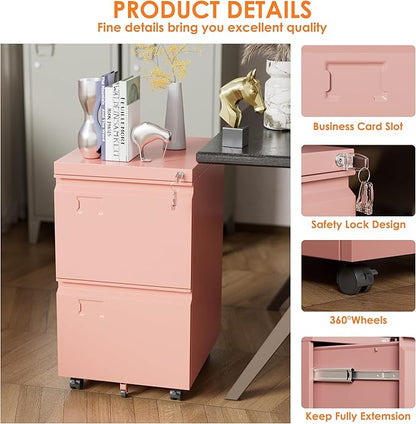 METAN Metal 2 Drawer File Cabinet with Lock, Mobile File Cabinet Under Desk for Letter/Legal Size,Assembly Required,Pink