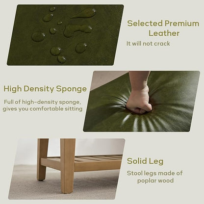 HUIMO Entryway Shoe Bench with Cushion, End of Bed Bench,Upholstered Bench for Kitchen, Bench with Solid Wood Shelf, Leather Ottoman Bench for Hallway, Living Room (PU-Green)