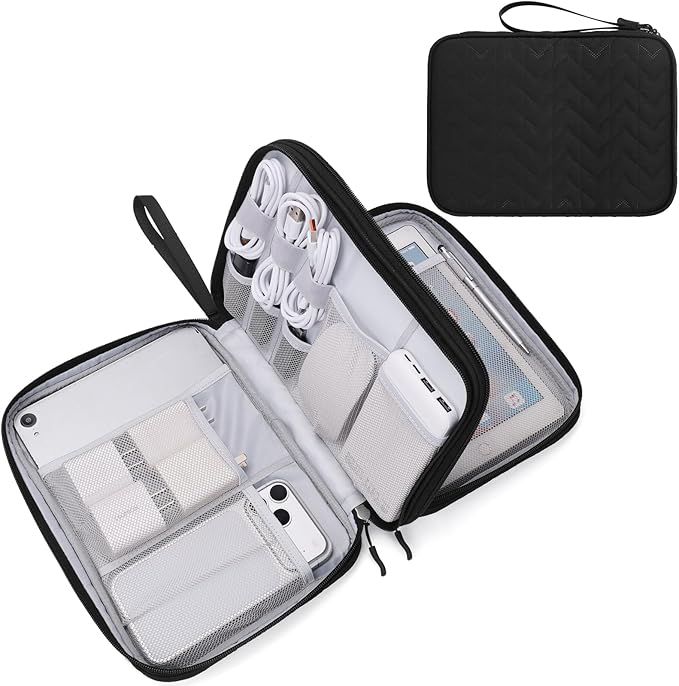 FYY Electronic Organizer, Extra Large Travel Cable Organizer Bag Pouch Portable Waterproof Double Layers All-in-One Storage Bag for iPad, Cable, Power Bank, Laptop Charger for Office, Black-Pattern