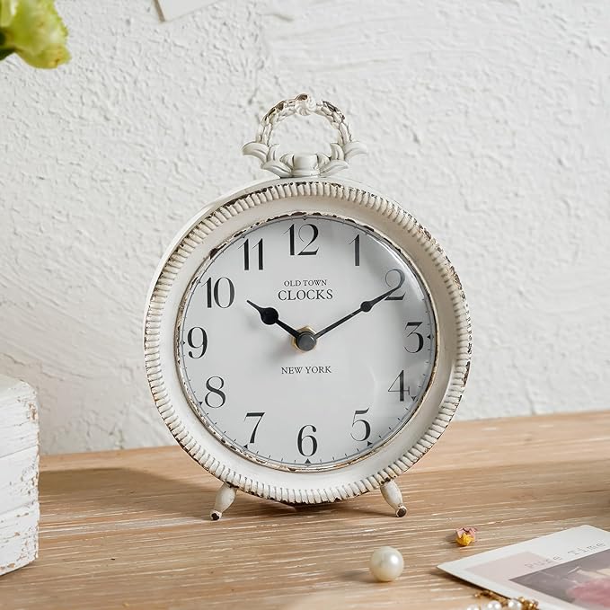 NIKKY HOME Table Clock, Vintage Desk Clock, Antique White Finish Table Clocks, Non-Ticking Battery Operated Decorative Shelf Clock for Living Room Bedroom Gift Clocks