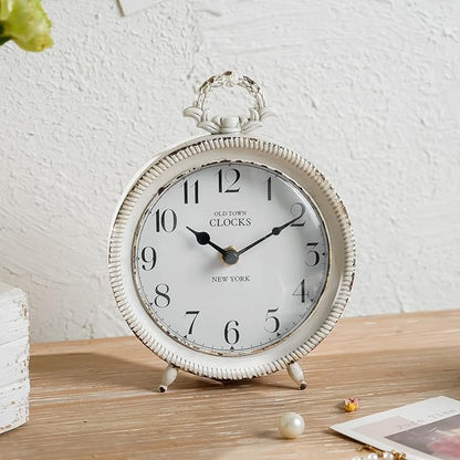 NIKKY HOME Table Clock, Vintage Desk Clock, Antique White Finish Table Clocks, Non-Ticking Battery Operated Decorative Shelf Clock for Living Room Bedroom Gift Clocks