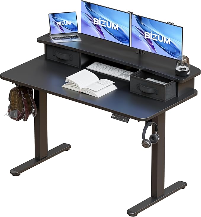 BIZUM Standing Desk with 2 Drawers Computer Desk-Stand up Desk Home Office Gaming Memory Desks C-Clamp Mount Compatible, 48x24 Inch Black