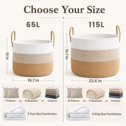 JMvicyroam 115L Extra Large Blanket Basket for Living Room - Woven Cotton Rope Laundry Hamper with Reinforced Handles - Storage Bin for Pillows, Comforters & Toys - Machine Washable,White&Jute Mix