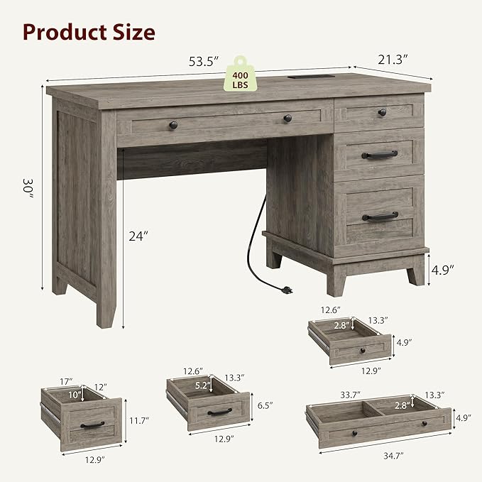 53.5" Farmhouse Home Office Desk with File Cabinet, Wooden Executive Desk with Power Outlet, Work Desk with Drawers, Traditional Wood Desk for Home and Office, Gray