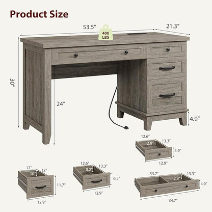 53.5" Farmhouse Home Office Desk with File Cabinet, Wooden Executive Desk with Power Outlet, Work Desk with Drawers, Traditional Wood Desk for Home and Office, Gray