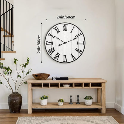 MODE HOME Large Rustic Wooden Wall Clock, 24 Inch Whitewashed Farmhouse Wall Clock with Carved Roman Numerals, Silent Battery Operated Round Vintage Clock for Living Room, Kitchen, Bedroom, Study Room