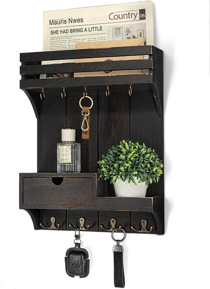 Rebee Vision Pine Wood Key Holder Wall Mount with Small Drawer Organizer - Farmhouse Key Holder for Wall with 9 Hooks - Ideal Mail Organizer for Entryway, and Bedroom (Distressed Black)