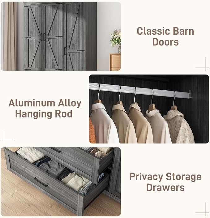 3 Doors Wardrobe Armoire Closet with Doors and Drawers, Farmhouse Wooden Armoire Storage Cabinet with Shelves & Hanging Rod for Bedroom, Grey