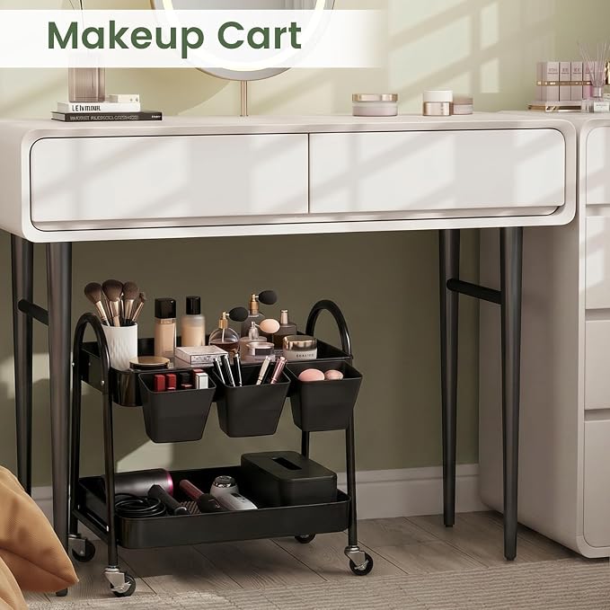 danpinera 2-Tier Rolling Cart, Utility Cart Mobile Metal Rolling Storage Cart with Lockable Wheels & Hanging Cups & Hooks for Kitchen, Bathroom, Office, Workshop