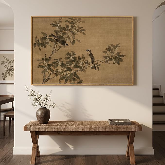 Framed Vintage Botanical Birds on Branch Wall Art, Retro Neutral Still Life Canvas Artwork for Walls, Elegant Rustic Painting Print for Living Room Bedroom Dining Room Office Wall Decor, 36x24 Inch