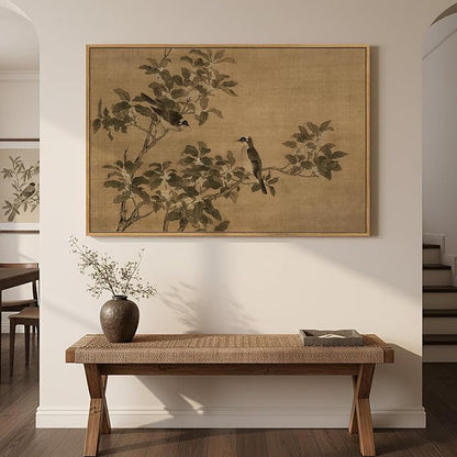 Framed Vintage Botanical Birds on Branch Wall Art, Retro Neutral Still Life Canvas Artwork for Walls, Elegant Rustic Painting Print for Living Room Bedroom Dining Room Office Wall Decor, 36x24 Inch