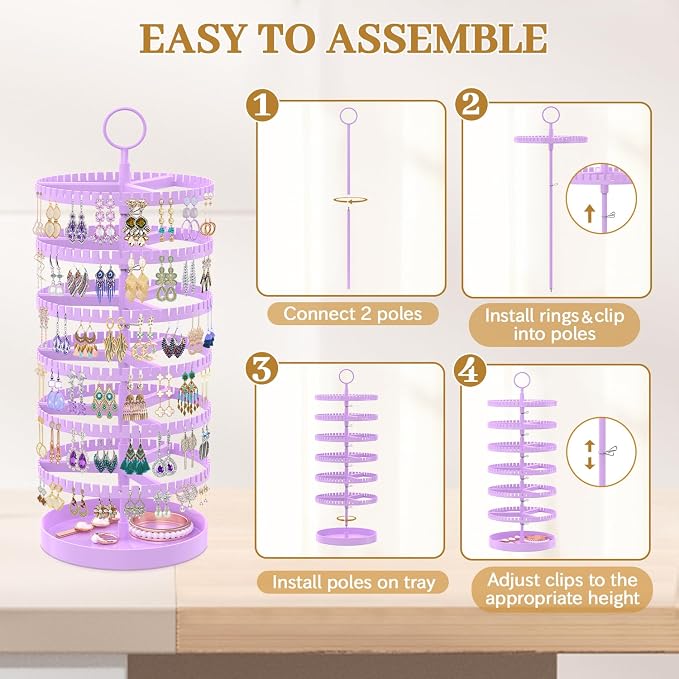 MODOWEY 6 Tier Rotating Earring Holder Organizer Display Tree with Metal Tray, Adjustable Plastic Stand with 342 Slots for Stud Hoop Hanger, Large Capacity Storage Rack for Women, Purple