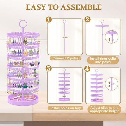 MODOWEY 6 Tier Rotating Earring Holder Organizer Display Tree with Metal Tray, Adjustable Plastic Stand with 342 Slots for Stud Hoop Hanger, Large Capacity Storage Rack for Women, Purple