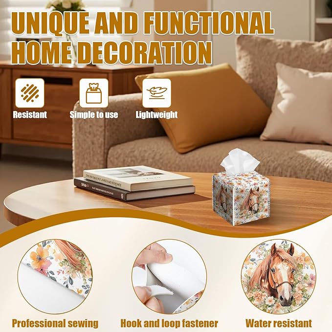 Horse Floral Tissue Box Cover 2PCS, Leather Tissue Box Holder Square Facial Paper Case Tissue Box Cube Organizer for Bathroom Bedroom Desk Office
