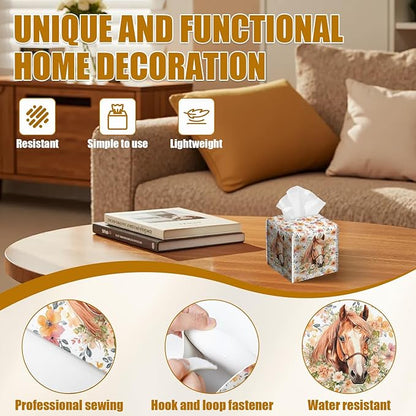 Horse Floral Tissue Box Cover 2PCS, Leather Tissue Box Holder Square Facial Paper Case Tissue Box Cube Organizer for Bathroom Bedroom Desk Office