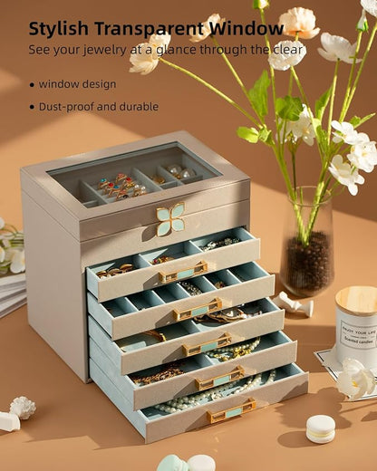 Vee Jewelry Box,6 LayerJewelry Organizer,Jewelry Case with Glass Lid,for Necklaces, Earrings, Watches, Bracelets (6 Levels Grey)