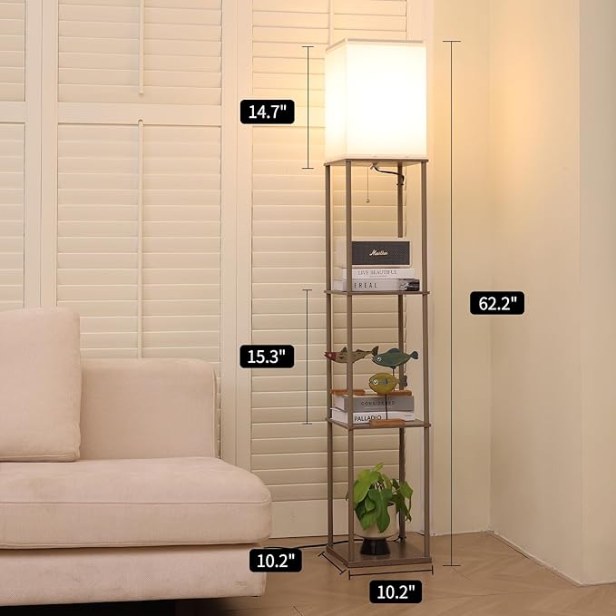 Gupuzm Floor Lamp with Shelves, Modern Square Standing Lamp with 3 Color Temperature Bulb, Corner Display Bookshelf Lamp for Living Room, Bedroom and Office （Grey）