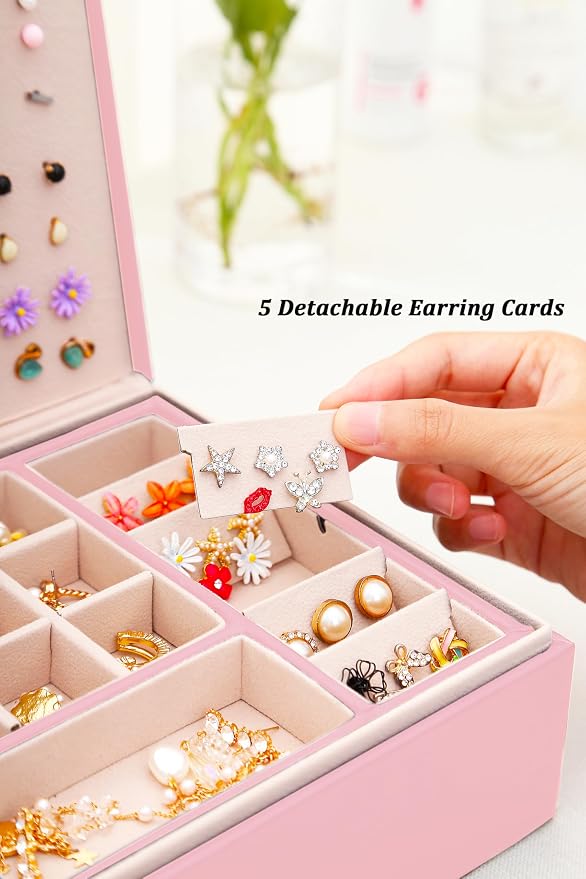 QBestry Jewelry Box for Earrings for Girls Jewelry Organizer Box Earring Holder Organizer for Girl Earring Box Jewelry Box Stud Earring Organizer for Girls Earring Jewelry Boxes for Women Pink Bling
