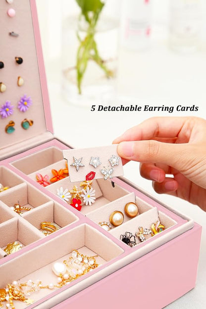 QBestry Jewelry Box for Earrings for Girls Jewelry Organizer Box Earring Holder Organizer for Girl Earring Box Jewelry Box Stud Earring Organizer for Girls Earring Jewelry Boxes for Women Pink Bling