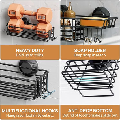 LEVERLOC Shower Caddy Suction Cup, 3 Pack Heavy Duty Bathroom Organizer for Inside Shower with Hooks & Soap holder, Removable Bathroom Holder, Rustproof Black Storage