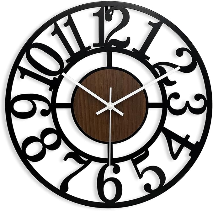 SUKYING Large Decorative Wall Clock, Vintage Farmhouse Wall Clock for Living Room/Kitchen/Bedroom, 16 Inch Silent Battery Operated Wooden & Black Metal Clock for Outdoor Covered Patio, Pool Area