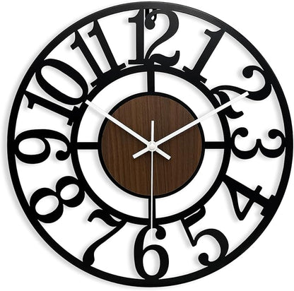 SUKYING Large Decorative Wall Clock, Vintage Farmhouse Wall Clock for Living Room/Kitchen/Bedroom, 16 Inch Silent Battery Operated Wooden & Black Metal Clock for Outdoor Covered Patio, Pool Area