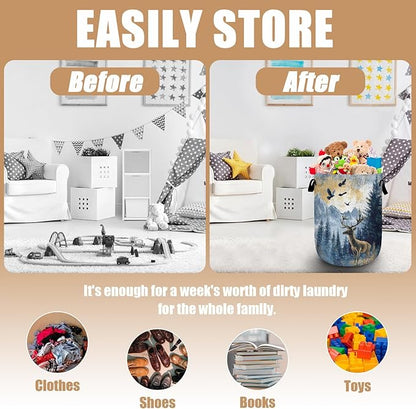 Misty Forest Deer Laundry Basket, Foldable Waterproof Laundry Hamper Tote Bag Dirty Clothes Storage Bucket Toy Organizer for Bathroom/Laundry/Bedroom 15.7"x19.6"