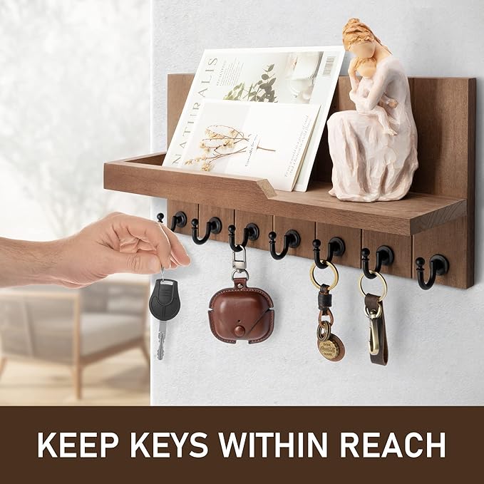 Rebee Vision Key Holder for Wall - Farmhouse Rustic Mail Organizer Floating Shelf for Home Kitchen Entryway Decor with 7 Sturdy Key Hooks (Retro Brown,15-inch)