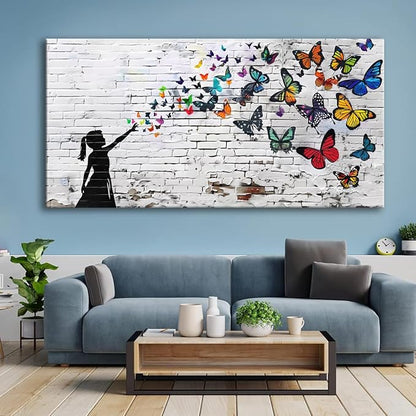 Canvas Wall Art Butterfly Girl - Modern Graffiti Paintings for Living Room, Bedroom Wall Decor, Framed Wall Art for Home or Office Decoration 48x24in