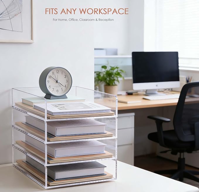 SANRUI 4 Tier Stackable Acrylic Letter Tray, 5mm Thick Clear Desk File Organizer, Document Paper Tray with Stable Bottom Bar for Letter A4 Office Supplies