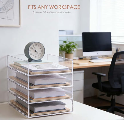 SANRUI 4 Tier Stackable Acrylic Letter Tray, 5mm Thick Clear Desk File Organizer, Document Paper Tray with Stable Bottom Bar for Letter A4 Office Supplies