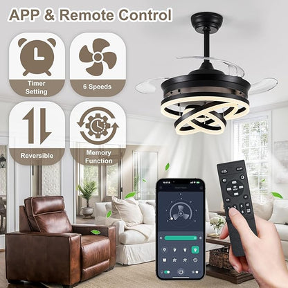42" Retractable Ceiling Fans with Lights, Modern Fandelier Ceiling Fan with LED Light and Remote/APP Control 3 CCT, Reversible, 6 Wind Speed, Chandelier Ceiling Fan for Bedroom, Living Room Black