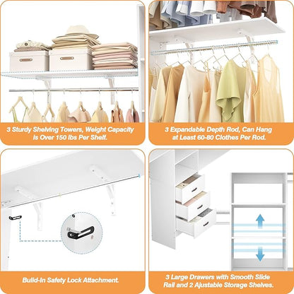 8FT Closet System, 96'' Closet Organizer System with 3 Hanging Rods, Wall Mount Bedroom Wardrobe with 3 Drawers Walk-in Closet, Adjustable Cloth Garment Rack from 5 to 8FT (Cut to Fit), White