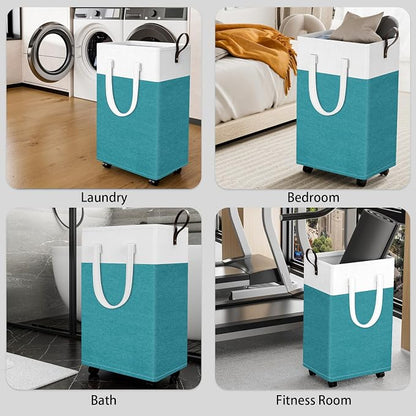 HomeHacks 90L Large Rolling Laundry Basket, Laundry Hamper with 4 Smooth Wheels, Collapsible Waterproof Clothes Basket, Freestanding Hamper with Handles for Bedroom/Dorm/Laundry Room (Green)