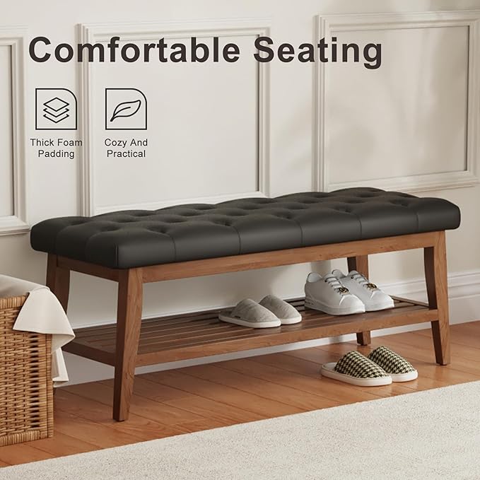 LEILISI Entryway Shoe Bench with Storage, End of Bed Bench, Microfiber Leather Upholstered Button-Tufted Seat Bench with Solid Wood Frame for Living Room, Bedroom (Black, 43.3'')