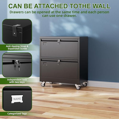 Aobabo 2 Drawer Lateral File Cabinet with Wheels, Lockable Metal Filing Cabinet for Home Office, Legal/Letter Size,Black,Required Assembled,15.87" D x 28.94" W x 34" H