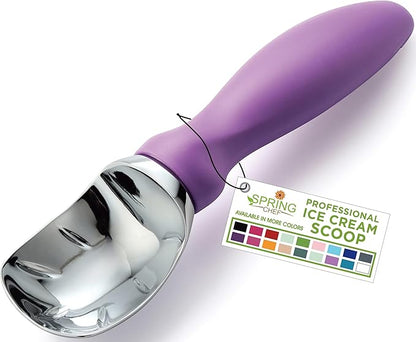 Spring Chef Metal Ice Cream Scoop with Comfortable Handle, Heavy Duty Sturdy Ice Cream Scooper Spoon for Cookie Dough, Frozen Yogurt, Gelato, Sorbet, Sundae, Melon - Dishwasher Safe - Orchid