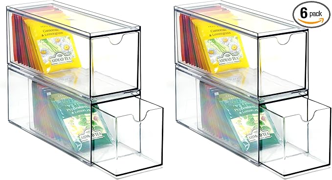 Youngever 3 Drawers Plastic Kitchen Pantry Stackable Storage Organizer, Plastic Tea Packet Organizers, Stackable Tea Bag Holder, 9" x 3" x 3.5" (Pack of 2)