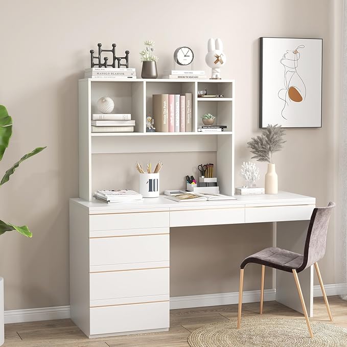Desk Hutch, Desktop Shelf with 4 Shelves, Desk Bookshelf w/Anti-Toppling Devices, Wood Table Top Bookshelf Organizer, Small Desk Shelf for Study, Office, Dorm (White, 4 Shelves)