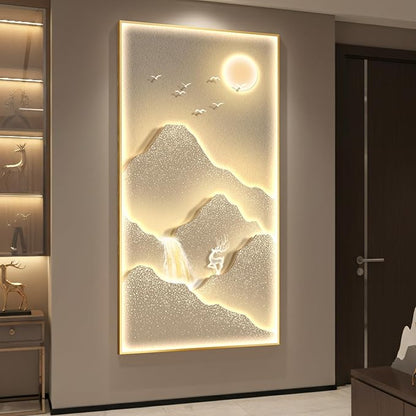 LED Lighted Mountain Wall Art for Living Room, Large Framed Modern Gold Sun Waterfall Pints Artwork for Walls, Minimalist Nature Landscape Dimmable Bright Wall Decor for Hallway, Entryway, Office