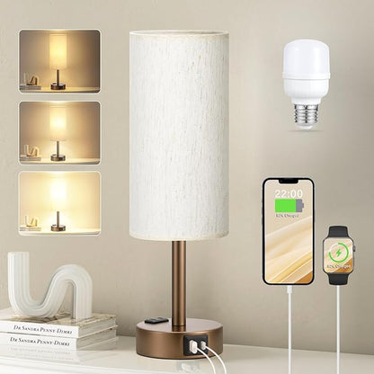 Fenmzee Brown Bedside Table Lamp for Bedroom - 3 Way Dimmable Touch Lamp USB C Charging Ports and AC Outlet, Small Lamp Round Flaxen Cream Fabric Shade for Living Room, Desk, LED Bulb Included