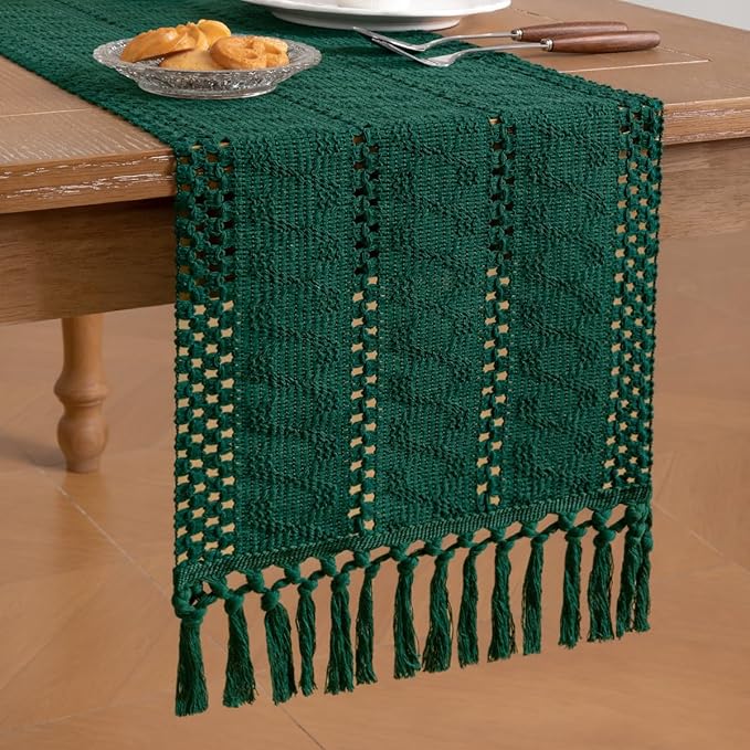 Socomi Boho Table Runner Macrame Valentine's Day Farmhouse Woven Cotton Linen Rustic Coffee Table Runner with Tassels for Small Dresser Scarf Home Decor Dining Room 12x72 inch Emerald Green