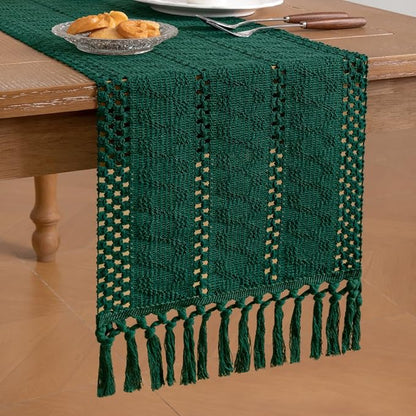 Socomi Boho Table Runner Macrame Valentine's Day Farmhouse Woven Cotton Linen Rustic Coffee Table Runner with Tassels for Small Dresser Scarf Home Decor Dining Room 12x72 inch Emerald Green