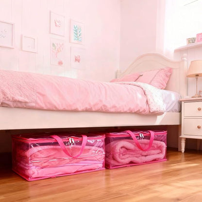 SGHUO Clear Storage Bags 60L Extra Large Plastic Vinyl Blanket Storage Bag for Clothes, Comforter, Bedding, Moving Bags with Zipper and Reinforced Handle (4pcs, Pink)